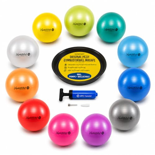Pelota de gimnasia Pezzi Maxafe de 42, 53, 65 y 75 cm de diámetro, en todos los colores, soporta hasta 400 kg, fitness, rehabilitación, terapia, gimnasia, aeróbic y como pelota de asiento para la