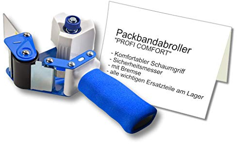 Exklusiver Profi Paketbandabroller und Klebebandabroller [ schwere Metall- + Kunststoffkonstuktion ] [ für 50 mm breites Paketband ] [ mit exklusivem Komfort Schaumgriff ] [ mit Sicherheitsklinge ]