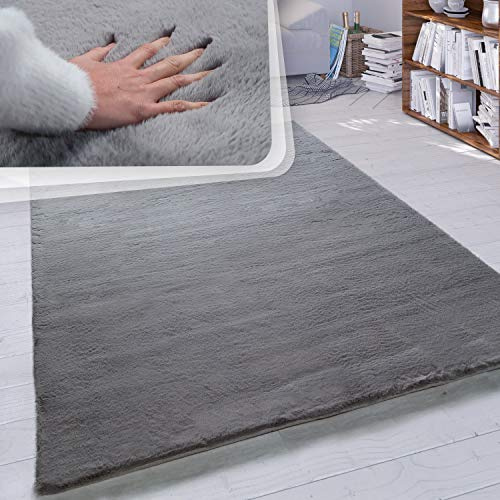 Paco Home Hochflor Teppich Wohnzimmer Schlafzimmer Shaggy Modern Flauschiger Fellteppich Weich Fell Imitat Kunstfell Einfarbig, Grösse:100x200 cm, Farbe:Anthrazit