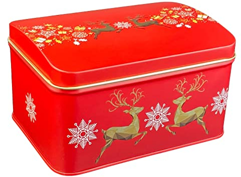 MediMuc springende Hirsche - wunderschöne kleine Truhendose mit weihnachtichen Motiven und springenden Hirschen - Weihnachtsdose - Maße: (L x B x H): 14,3 x 10,2 x 8,3cm, Volumen ca. 1,2L