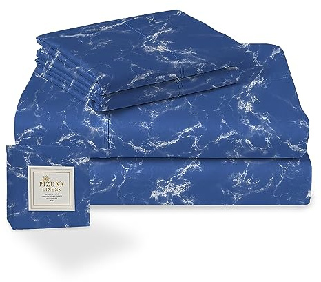Pizuna Cotton Marble Blue Printed Bedding Sets Super King 400 Thread Count | 100% Long Staple Cotton Sateen Bed Sheets Includes 1 Fitted Sheet Flat Sheet 2 Pillowcases