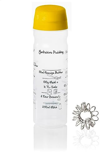 PFITZAUF- & YORKSHIRE-PUDDING-SHAKER (875ml) mit Rezeptaufdruck für 4 Portionen selbstgemachte Yorkshire Puds, Pfitzaufs oder Schoko-Soufflés. Mit Mixelement und patentiertem Ausgießer in GELB