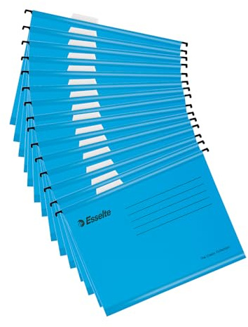ESSELTE - Dossiers Suspendus A4 Renforcés pour Classeur / Meuble de Classement, Lot de 15 Dossiers Suspendus avec Onglets & Étiquettes, 100% Carton Recyclé, Coloris Bleu (628806)