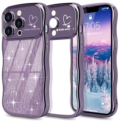 Wirvyuer for iPhone 13 Pro Curly Wave Frame Case, Plated Heart Clear Cover with Removable Glitter Sparkly Card, Raised Camera Anti-scratch Protective Bumper Phone Case for Women Girls, Dark Purple