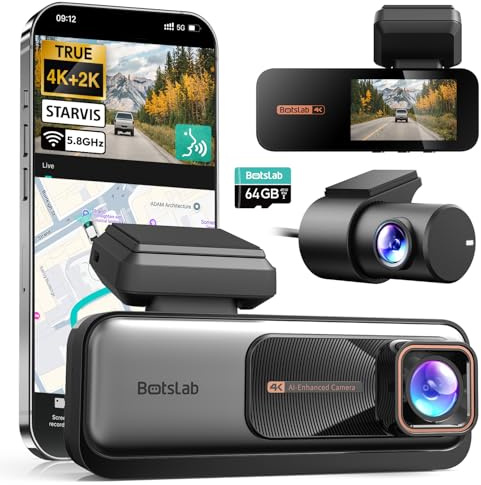 BOTSLAB Starvis Caméra embarquée 4K pour voiture avant et arrière, WiFi, avec GPS, ADAS, commande vocale, carte 64 Go gratuite, vision nocturne, WDR, IPS 2,45, surveillance du stationnement 24/7