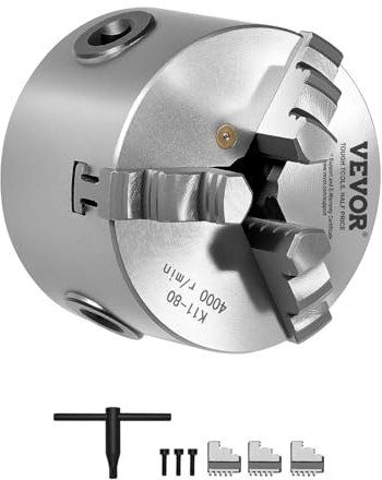 VEVOR 3-Jaw Lathe Chuck, 3 Inch (80 mm), Self-Centering Chuck, 0.08-2.48 in (2-63 mm) Clamping Range with T-Key Fixing Screws Reversible Jaws, HT300 Material, Internal External for Wood Metal Lathe