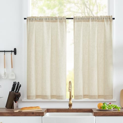 TOPICK Crude Kitchen Curtains 45 Inch Drop, Linen Look Cafe Curtain W36xL45 | 2 Panels, Rod Pocket Light Filtering Privacy Drapes, Half Window Curtain Tiers for Bedroom, Living Room, Cupboard Base, Sink