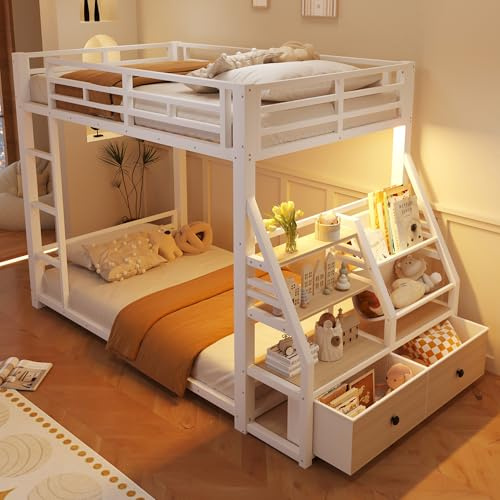 Zepneiy Lit superposés avec éclairage LED 90x200 cm, Lits superposés en métal, avec 2 tiroirs de Rangement en Tissu, lit superposé pour Enfants, Blanc (Matelas Non Inclus)