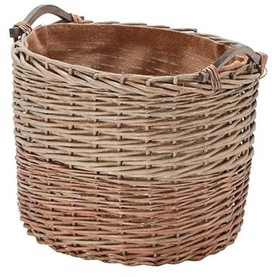 Wovenhill | Grey Wash Oval Wicker Log Basket | Extra Large Jute Lined Storage | W52 x D45 x H38cm