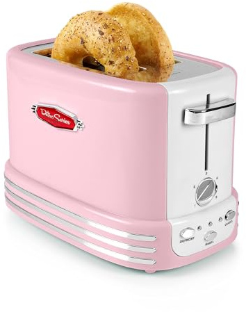 Nostalgia Retro Wide 2-Slice Toaster, Vintage Design With Crumb Tray, Cord Storage & 5 Toasting Levels, Pink