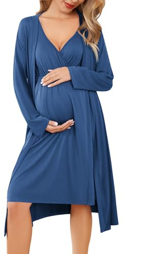 Ekouaer Maternity Nursing Gown and Robe Set Labor Delivery Nursing Nightgowns for Breastfeeding Pregnancy Clothes Blue XL