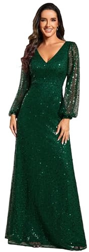 Ever-Pretty Women's Sequin A-Line V Neck Long Sheer Sleeves Tulle Evening Prom Dresses Dark Green 14UK