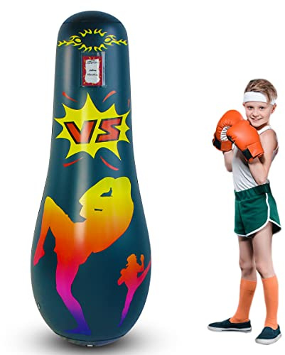 Tung boxningssäck för vuxna boxningssäck stående kickboxing väska med stående boxning dummy uppblåsbara coola roliga leksaker för pojkar sport gåvor utomhusaktiviteter gårdsspel (165 cm mörkblå)