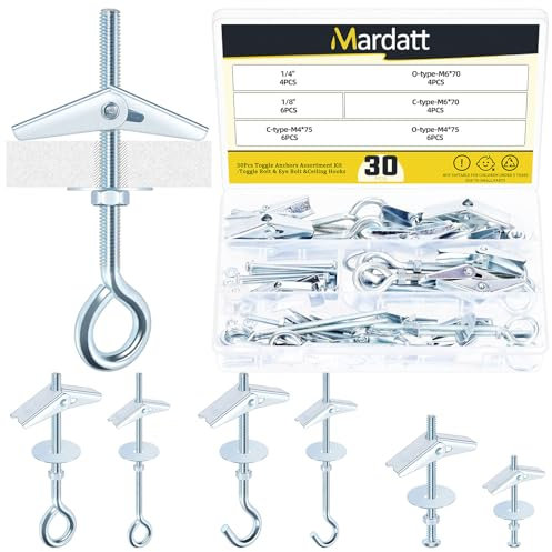 Mardatt Kit assortito di 30 bulloni a levetta, M4 M6 Bullone a occhiello Ancoraggi a farfalla e tasselli a farfalla da 1/4, 1/8, tasselli per cartongesso con dado ad alette per lampade a sospensione