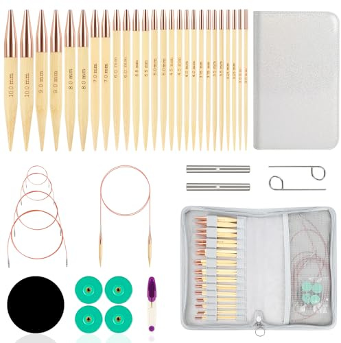 Aiguilles Circulaires Interchangeables en Bambou, 13 Paires Aiguilles Circulaires Tricot avec Sac et Accessoires, 13 Diamètres (3–10 mm), 4 Longueurs (40–100 cm)
