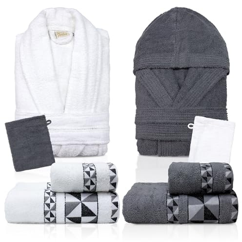 Nada Home Ensemble complet de salle de bain 8 pièces en éponge 100% coton avec 2 peignoirs homme femme, serviettes visage/invité et poignées – Idée cadeau dans une mallette