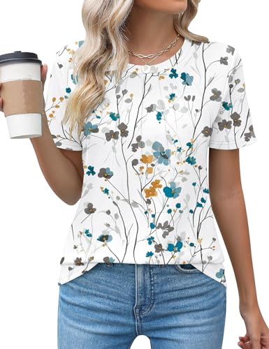 Rapbin Women's Going Out Tops Short Sleeve Casual Crew Neck T-Shirts Fashion Laides Pleated Holiday Blouses,Branch,L