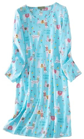 Generisch Women Nightdress Cotton Long Sleeve Shirt Casual Print Sleep Dress, blue, XL