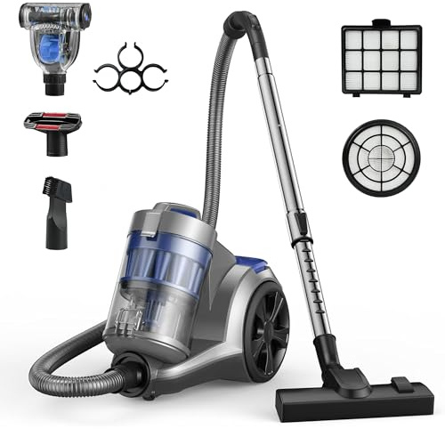 Aspiron Aspiradora de recipiente de 1700 W, aspiradora sin bolsa de 45 Kpa, filtración multiciclónica, 2 filtros HEPA antialérgicos, taza de polvo de 3.5 cuartos de galón, 4 herramientas, aspiradora
