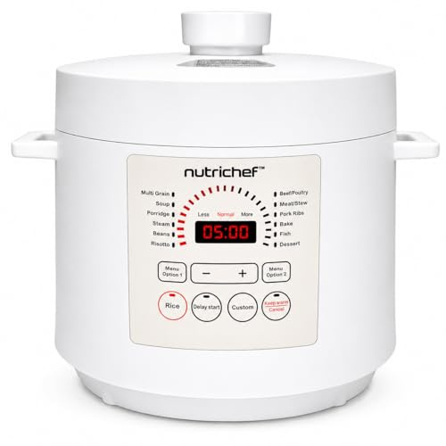 NutriChef Pentola a Pressione Elettrica 6 Litri, 1000 Watt Multicooker, Cuociriso, Slow Cooker, Vaporiera Elettrica, Acciaio Inox, LCD, Timer, Mantieni Caldo, Bianco