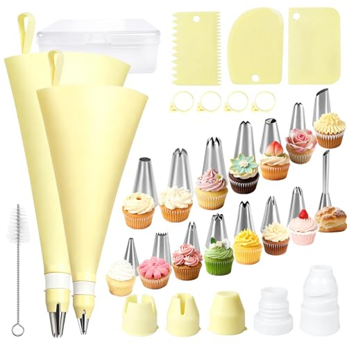 KufaerBeam Juego de mangas pasteleras premium de 30 piezas, mangas pasteleras reutilizables con boquillas de acero inoxidable, juego completo de accesorios para hornear para decoraciones perfectas en