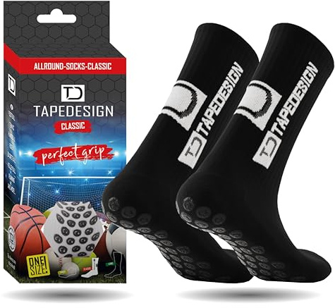 Tapedesign - Classic 1 Pair Non-Slip Football Grip Socks Black (Size 5-14) for Men, Women & Kids - Soccer Socks for Adults & Youth (Unisex) - Anti-Slip Sport Socks for Basketball, Tennis & Running