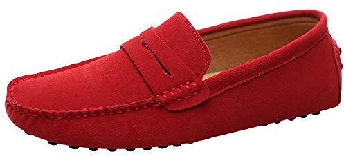 Jamron Män Mocka Läder Penny Loafers Mockasin Tofflor Röd EU44