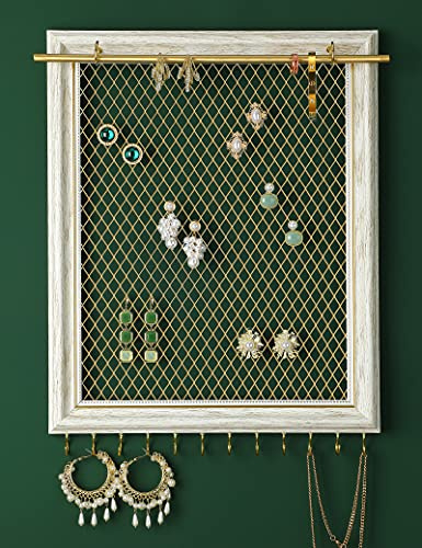 Heesch Hanging Earring Organizer Frame Wall Mounted Jewelry Holder Vintage Rustic Stud Earring Display with Removable Rod and 12 Hooks for Necklaces, Bracelets and Rings (Distressed White)