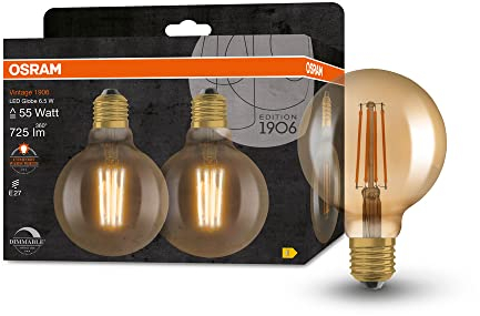 OSRAM 1906 Vintage Edition für E27-Sockel, goldenes Glas ,Warmweiß (2400K), 725 Lumen, Ersatz für herkömmliche 55W-Leuchtmittel, dimmbar, 2-er Pack, Gold
