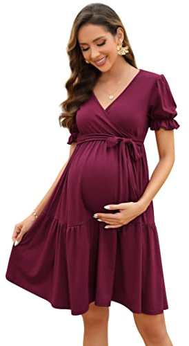KOJOOIN Abito Premaman da Donna Abito da Allattamento con Scollo A V Elegante Abito Premaman con Maniche A Sbuffo con Volant Borgogna (Manica Corta) XL