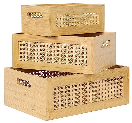 ANMINY Bamboo Rattan Storage Baskets, 3PCS Nesting, with Handles