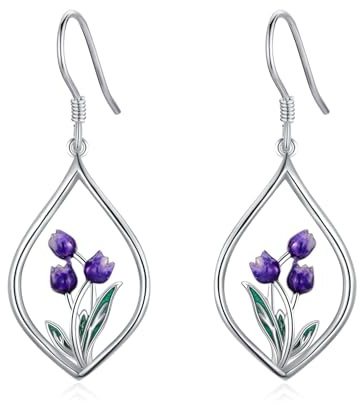 VONALA Tulip Earrings for Women Sterling Silver Tulip Flower Teardrop Earrings Purple Flower Drop Dangle Earrings Tulip Jewelry Gifts for Women Teens Girls