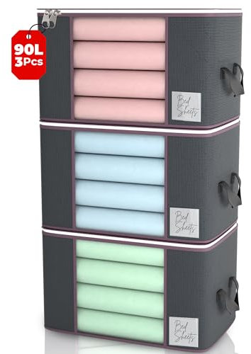 Clothes Storage Bags with Zips 90L Pack of 3 Large Capacity Foldable Breathable Storage Boxes with Thick Reinforced Handles Transparent Window Grey Storage Bags for Toys, Clothing, Bedding, Blankets