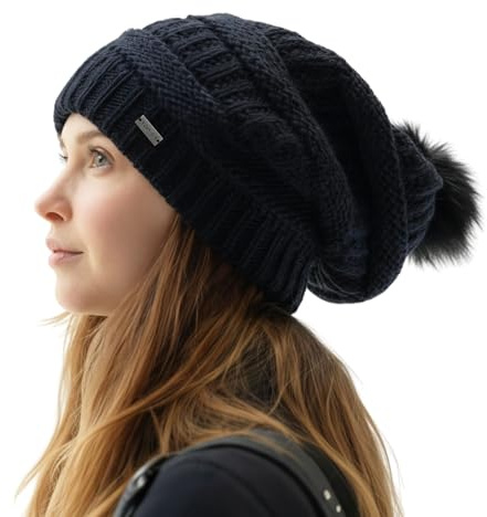 TOP-EX 100% Wool Slouchy Beanie Hats for Women with Faux Fur Pom Bobble - Satin Lined Warm Icelandic Wool Winter Chunky Knit Hats for Ladies Ski Outdoor Cold Weather Black