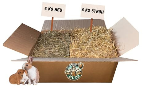 4 kg Heu + 4 kg Stroh – Naturbelassenes Futter & Einstreu im Karton - ideal für Kaninchen, Meerschweinchen, Hühner - Ernte 2024