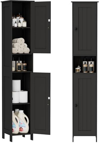 Homleke Tall Bathroom Storage Cabinet with 2 Doors, 67H Narrow Storage Cabinet with Adjustable Shelves& Anti-Tip Design, Reversible Door Installation, Easy Assembly, 11.8 x 11.8 x 66.9 Inches, Black