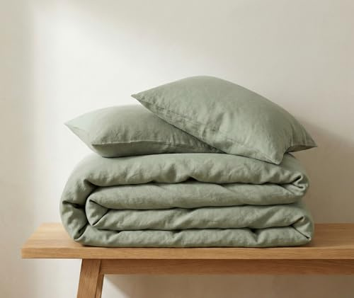 The Tangerine Store Set copripiumino in 100% puro lino, traspirante e termoregolante, fatto a mano, di lusso, colore: verde salvia, per letto matrimoniale (standard USA), 223,5 x 228,6 cm