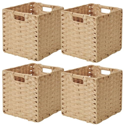 Sagittar Cesta plegable trenzada de imitación de ratán, 28 x 28 x 28 cm, cesta de almacenamiento para despensa, armario, cesta de estantería, cubos, impermeable, no se mohosa, 4 unidades, color