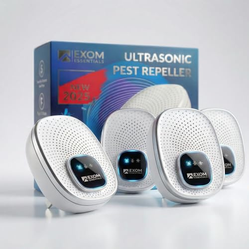 Exom Essentials GRX-25 Ultrasonic Pest Control 4-Pack: Indoor Plug-in Mice, Rodent, Squirrel, Insect Repellent & Roach, Ant, Spider,Bats, Bed Bug, Squirrel, Flea and Mouse Trap Alternative for Home