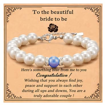 MOTIBACK Pulsera de perlas para boda, novia, pulsera de novia ajustable con algunas perlas azules, elegante pulsera de dama de honor para bodas y fiestas JGA regalo