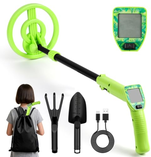 Flintronic Detector de Metales Niños, Detector de Metales USB de Carga Rápida, con Pantalla LCD e Indicación de Sonido, con Bobina de Búsqueda Impermeable, para Búsqueda de Metale, Verde