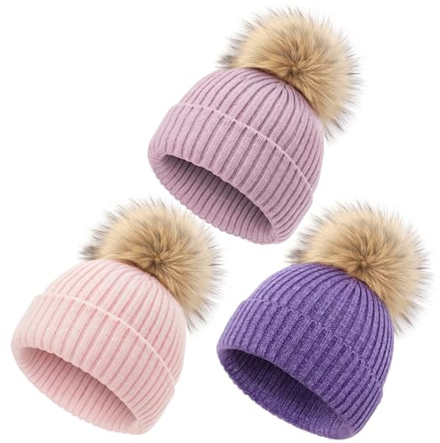 DRESHOW Baby-och Småbarnsmössor Vintermössor för Barn Mjuka Stickade Unisexmössor för Pojkar och Flickor med Söta Pompom Mössor Varma Mössor för Barn i Aldern 0-36 Månader