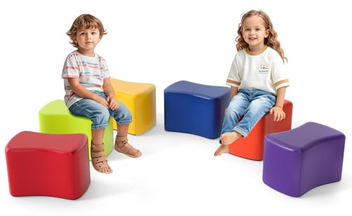 COSTWAY Set di Sgabelli Modulari per Bambini, 6 Sgabelli a Forma di Farfalla con Copertura in Finta Pelle Staccabile e Spugna ad Alta Elasticità, Fondo Antiscivolo, per Camere dei Bambini e Asili