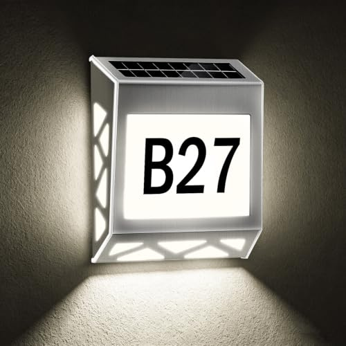 Número de casa solar iluminado, 8 LED con 3 colores de luz, acero inoxidable, IP54 resistente al agua, incluye 3 dígitos (0-9) y letras (A-Z), interruptor crepuscular para exterior y entrada