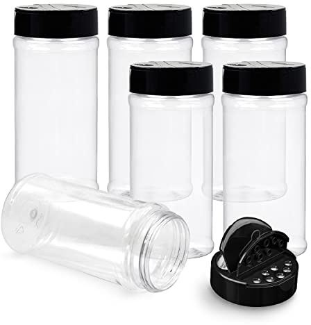 RoyalHouse 6 Pack 16 Oz Plastic Spice Jars with Black Cap, Clear and Safe Plastic Bottle Containers with Shaker Lids for Storing Spice, Herbs and Seasoning Powders, BPA Free, Made in USA