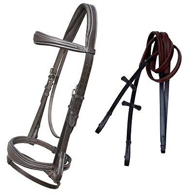 Exion Comfort Lined Crownpiece Raised Anatomical Browband And Double Buckle Jumping Flash Noseband Snaffle Bridle with Rubber Reins | Royal English Bridle (Oak Brown, Full)