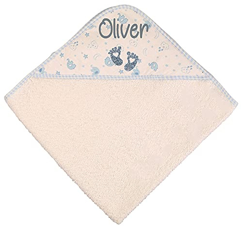 Alwaystrusted Personalised Gift Blue Elephant Baby Hooded Towel Grey Glitter Heart Feet Boy AT-SB56-03-CG
