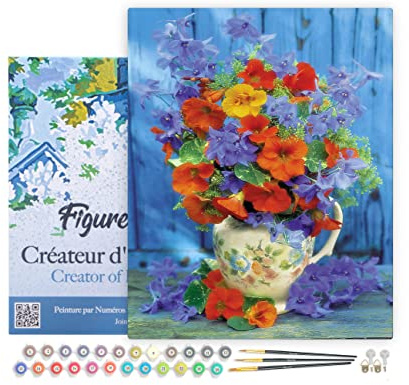 Figured'Art Peinture par Numéro Adulte avec Cadre Bouquet orange et violet - Activité Manuelle Kit de Loisir Créatif DIY Numéro d'Art Complet - 40x50cm toile tendue sur châssis