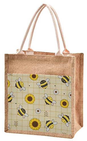 Catuku Cute Bee Sunflower Flower Jute Tote Bags with Handles & Zipper Flowers Canvas Pocket Shopping Grocery Bags for Travel Picnic 13 x 14