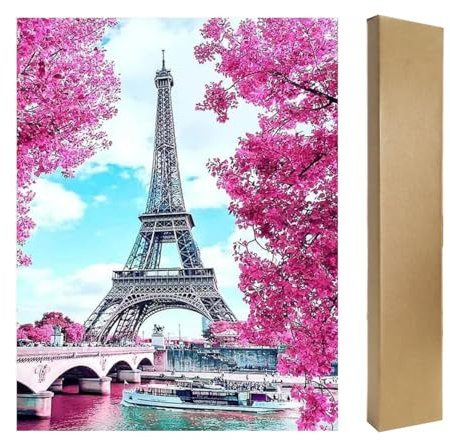5D DIY Quadrato Diamond Painting 40x50 cm Ricamare con Perline di Pietre Diamante Puzzle Ricamo Punto Croce Pittura con Numeri Adulti Diamond Painting Paesaggi Torre Eiffel Parigi Fiori di Ciliegio